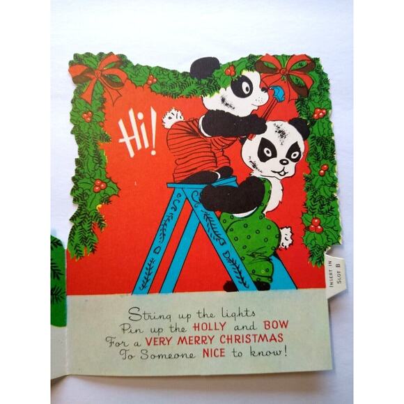 Mid Century Mod Christmas Greeting Card Panda Bears Diecut Foldout Standup Retro - Picture 4 of 5